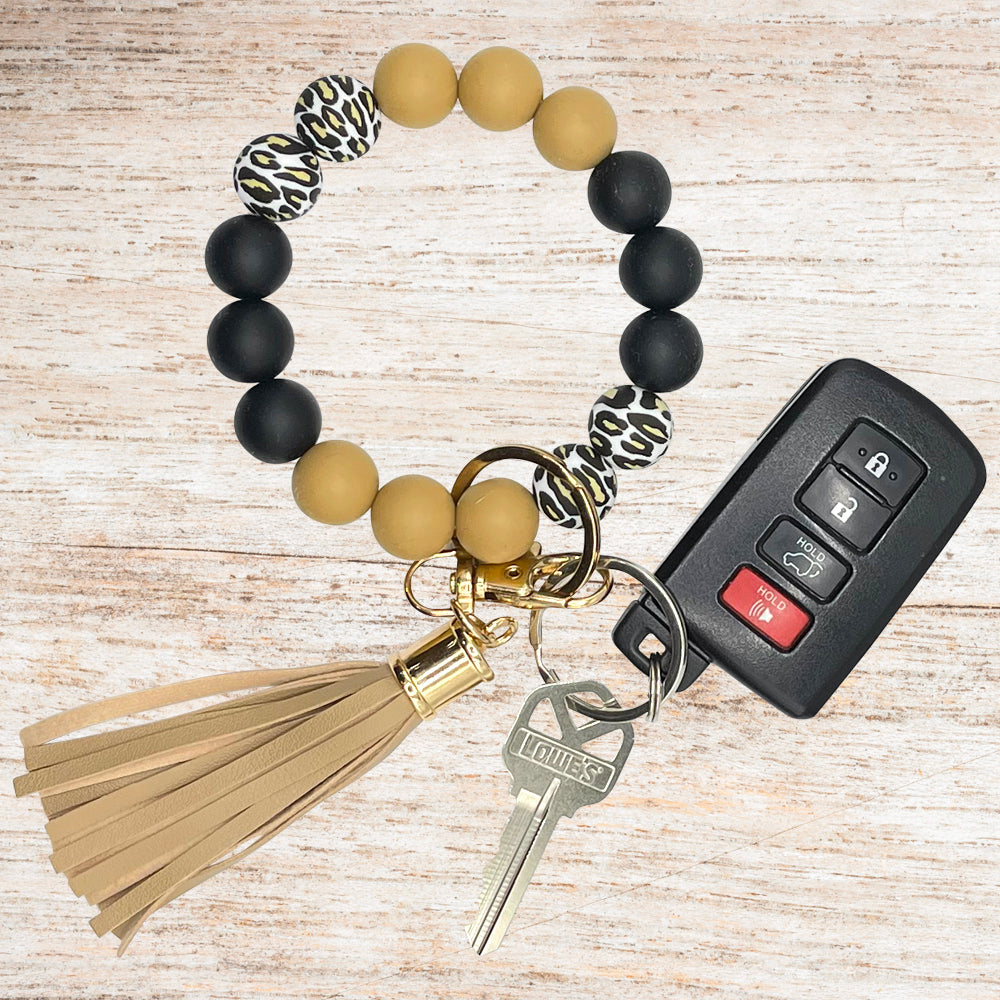 Silicone Bracelet Keychain Wristlet - White Leopard