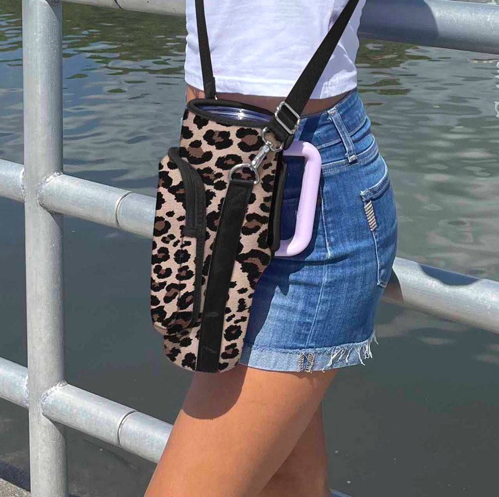 Crossbody 40 oz Tumbler" Handle" Bag - Leopard