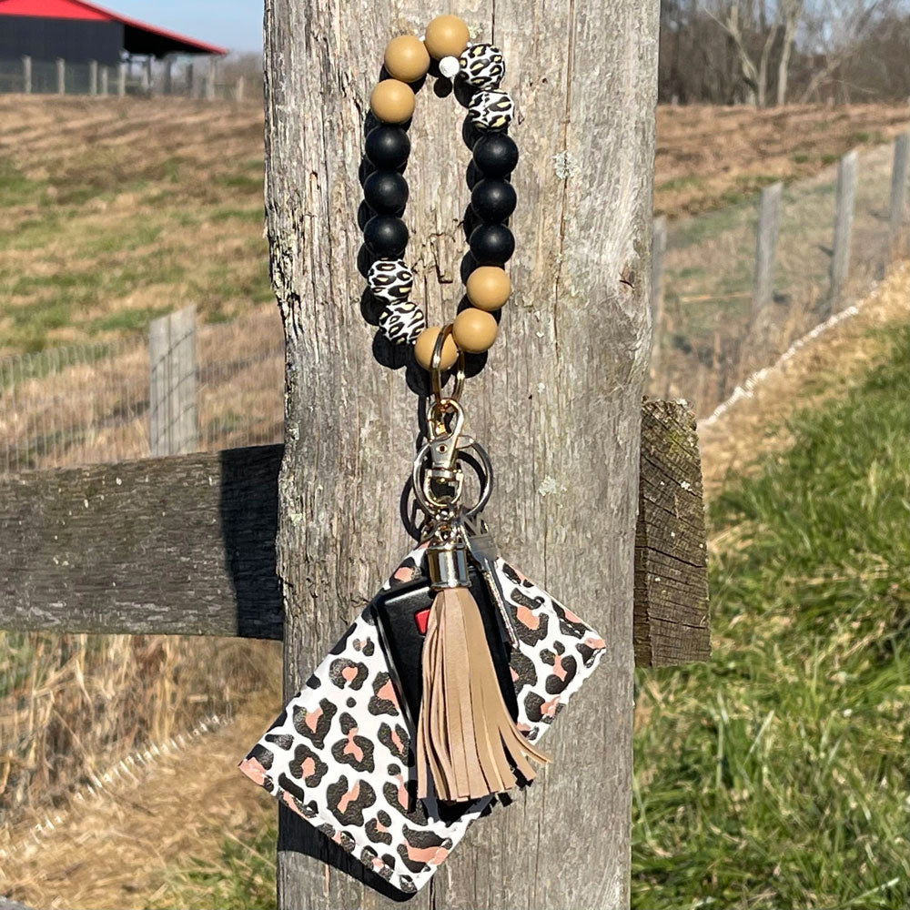 ID Wallet and Bracelet Keychain Set - White Leopard