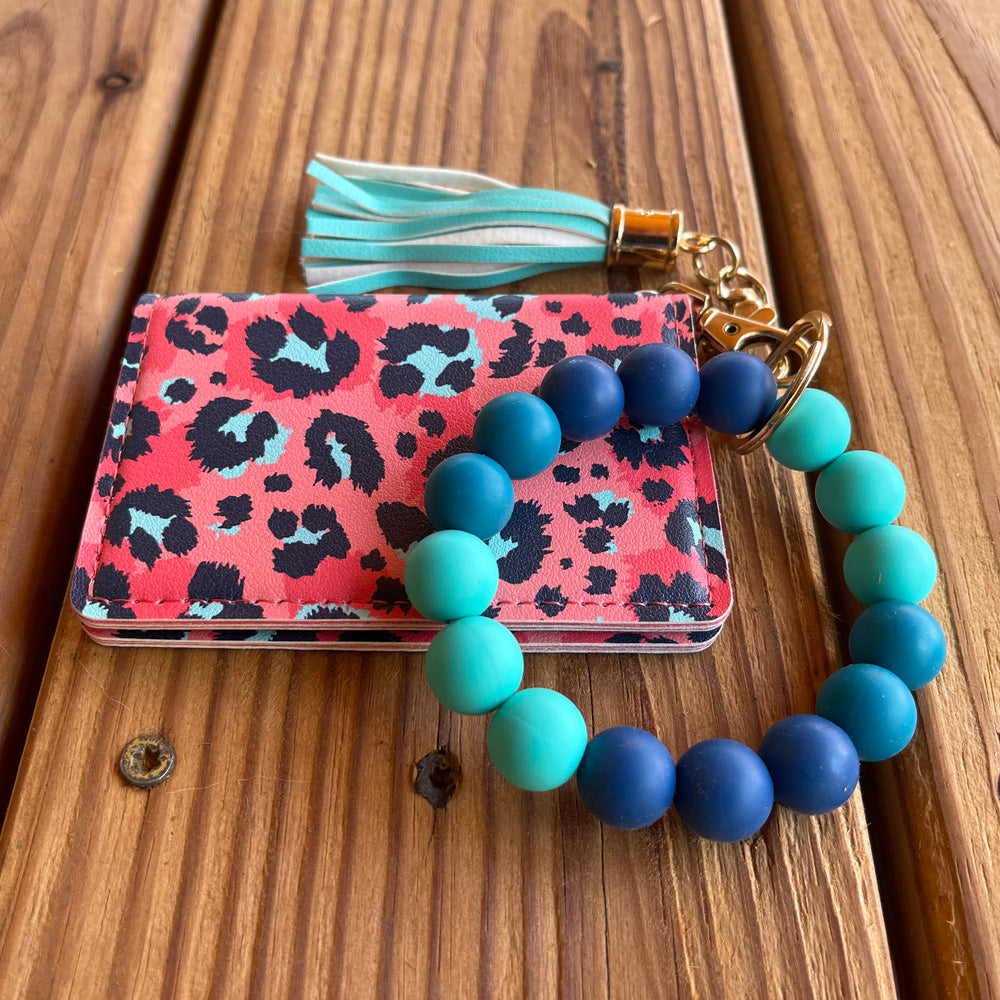 ID Wallet and Bracelet Keychain Set - Coral Leopard and Ocean