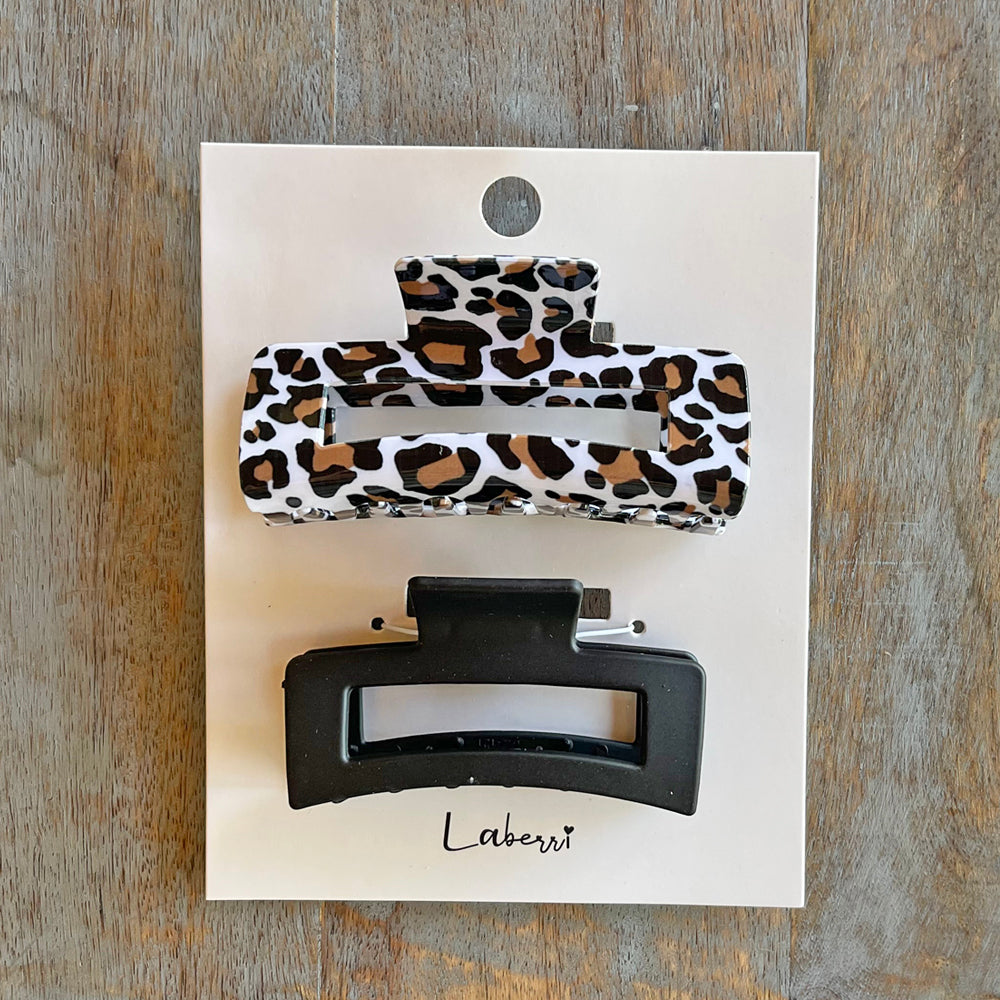 Set of Two Hair Claw Clips - White Leopard & Black