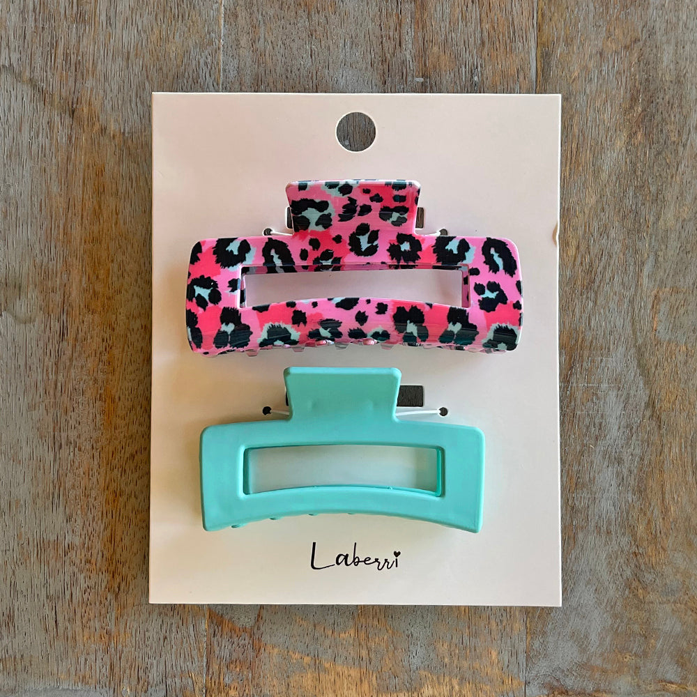 Set of Two Hair Claw Clips - Coral Leopard & Seafoam