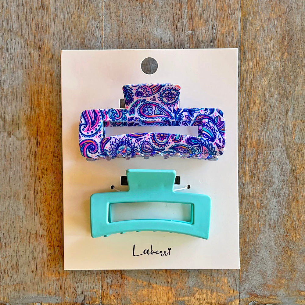 Set of Two Hair Claw Clips - Paisley and Seafoam