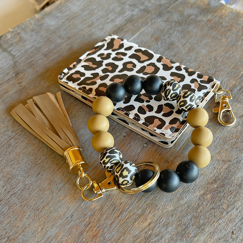 ID Wallet and Bracelet Keychain Set - White Leopard