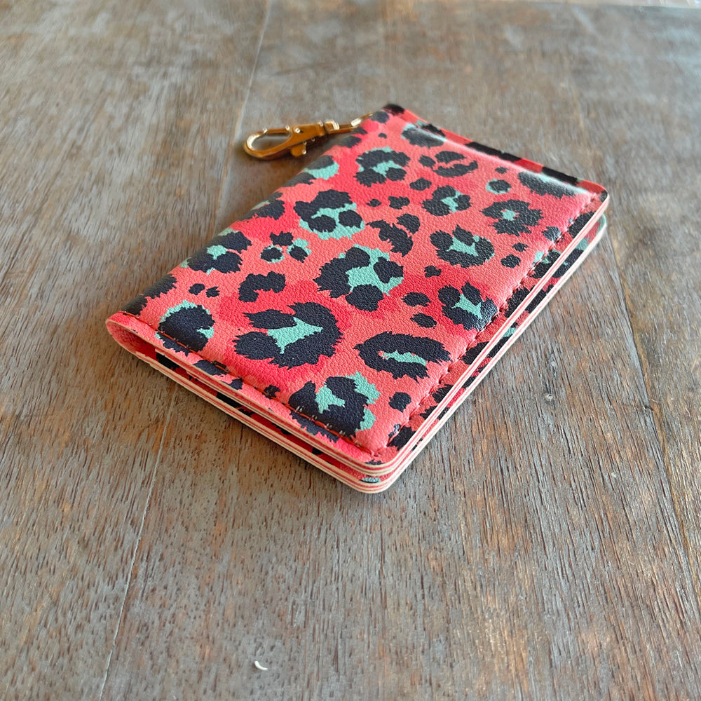 Slim ID Wallet Keychain for Women - Coral Leopard