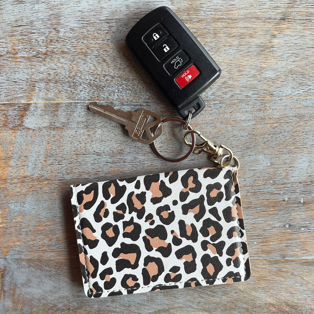 Slim ID Wallet Keychain for Women - White Leopard