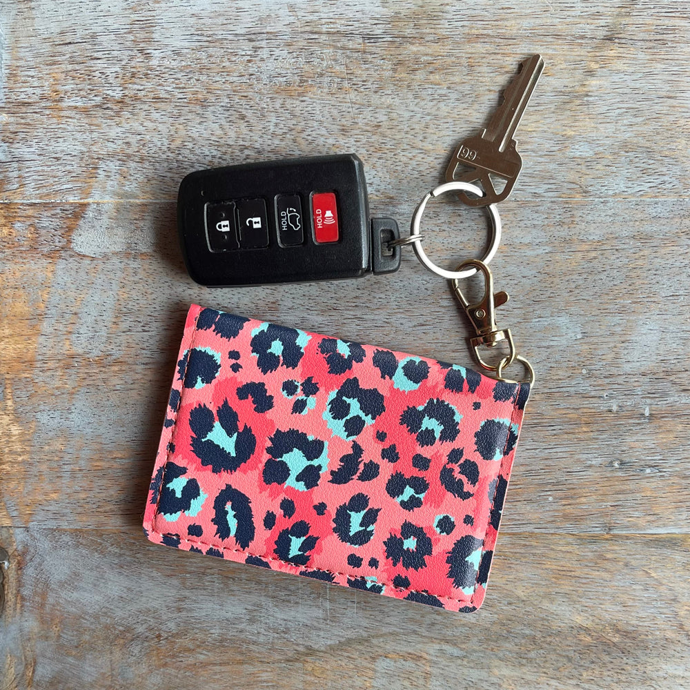 Slim ID Wallet Keychain for Women - Coral Leopard