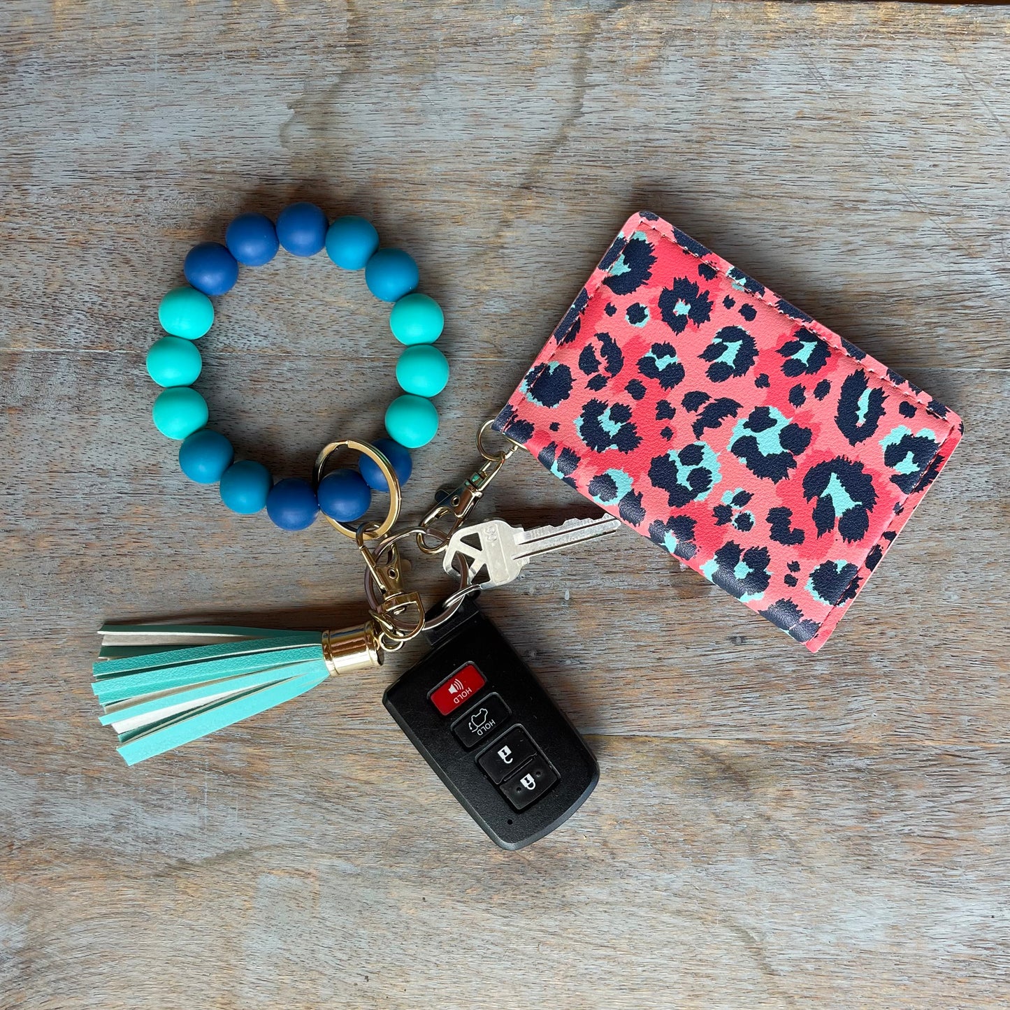 ID Wallet and Bracelet Keychain Set - Coral Leopard and Ocean