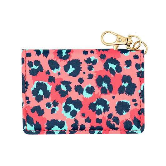 Slim ID Wallet Keychain for Women - Coral Leopard