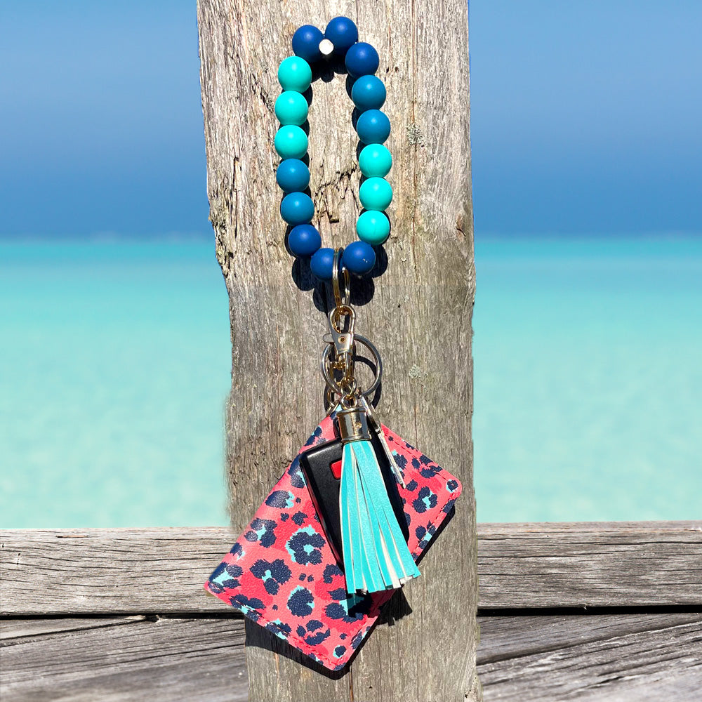 ID Wallet and Bracelet Keychain Set - Coral Leopard and Ocean