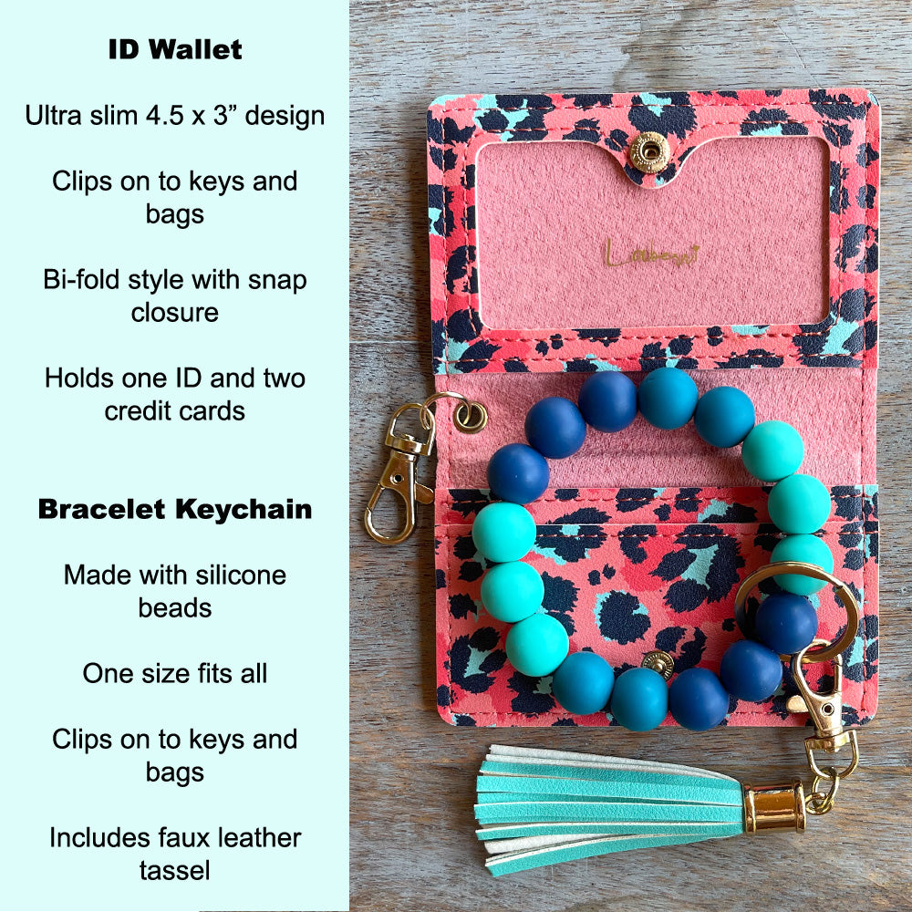 ID Wallet and Bracelet Keychain Set - Coral Leopard and Ocean