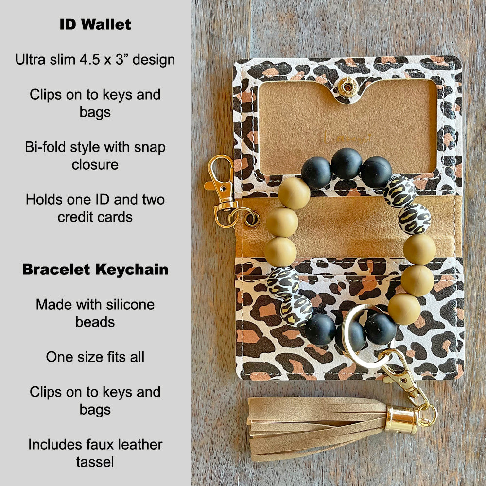 ID Wallet and Bracelet Keychain Set - White Leopard