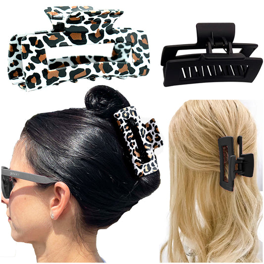 Set of Two Hair Claw Clips - White Leopard & Black