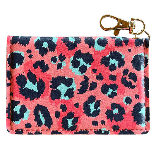 Slim ID Wallet Keychain for Women - Coral Leopard