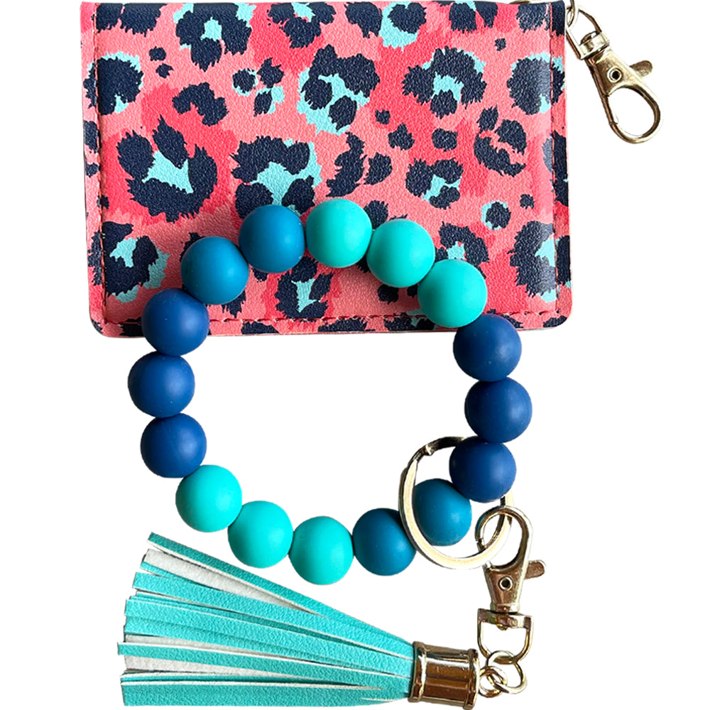 ID Wallet and Bracelet Keychain Set - Coral Leopard and Ocean