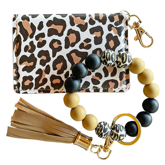 ID Wallet and Bracelet Keychain Set - White Leopard