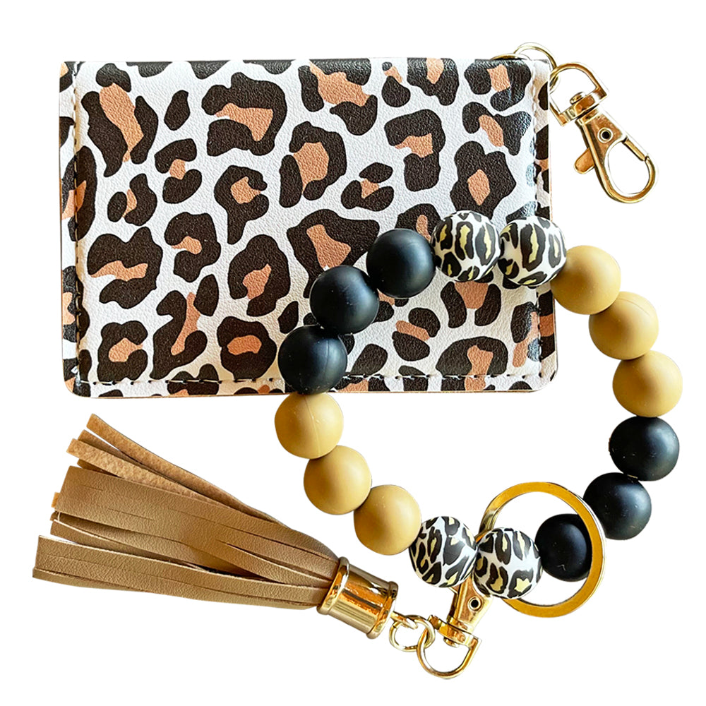 ID Wallet and Bracelet Keychain Set - White Leopard