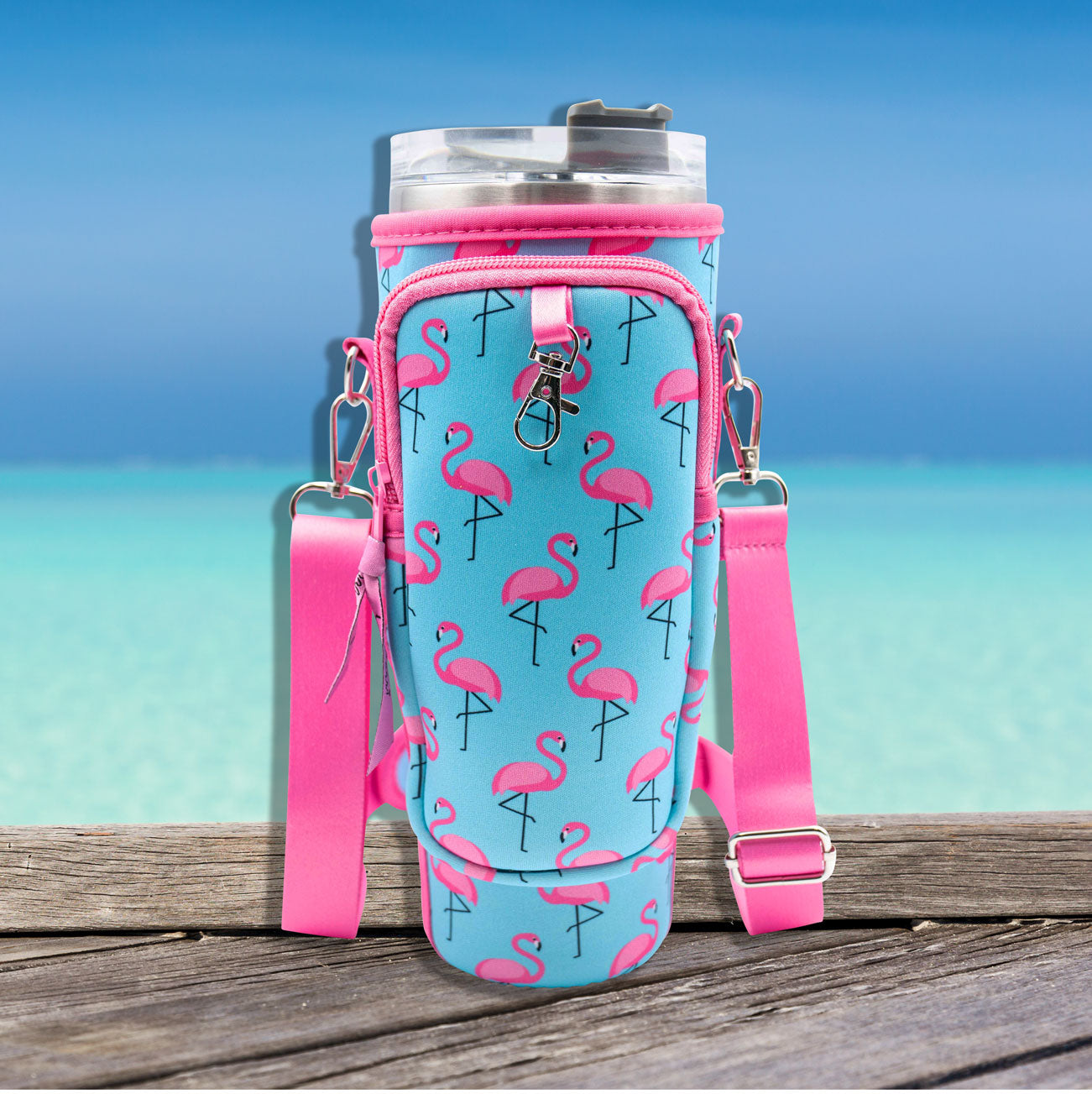 Crossbody 40 oz Tumbler" Handle" Bag - Flamingos