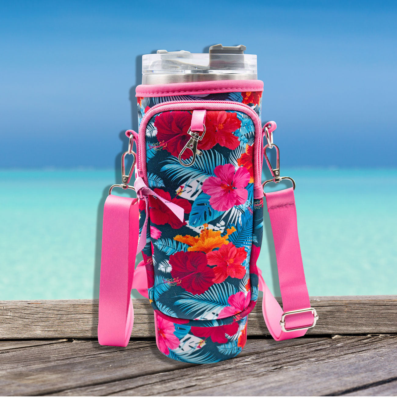 Crossbody 40 oz Tumbler" Handle" Bag - Hawaiian