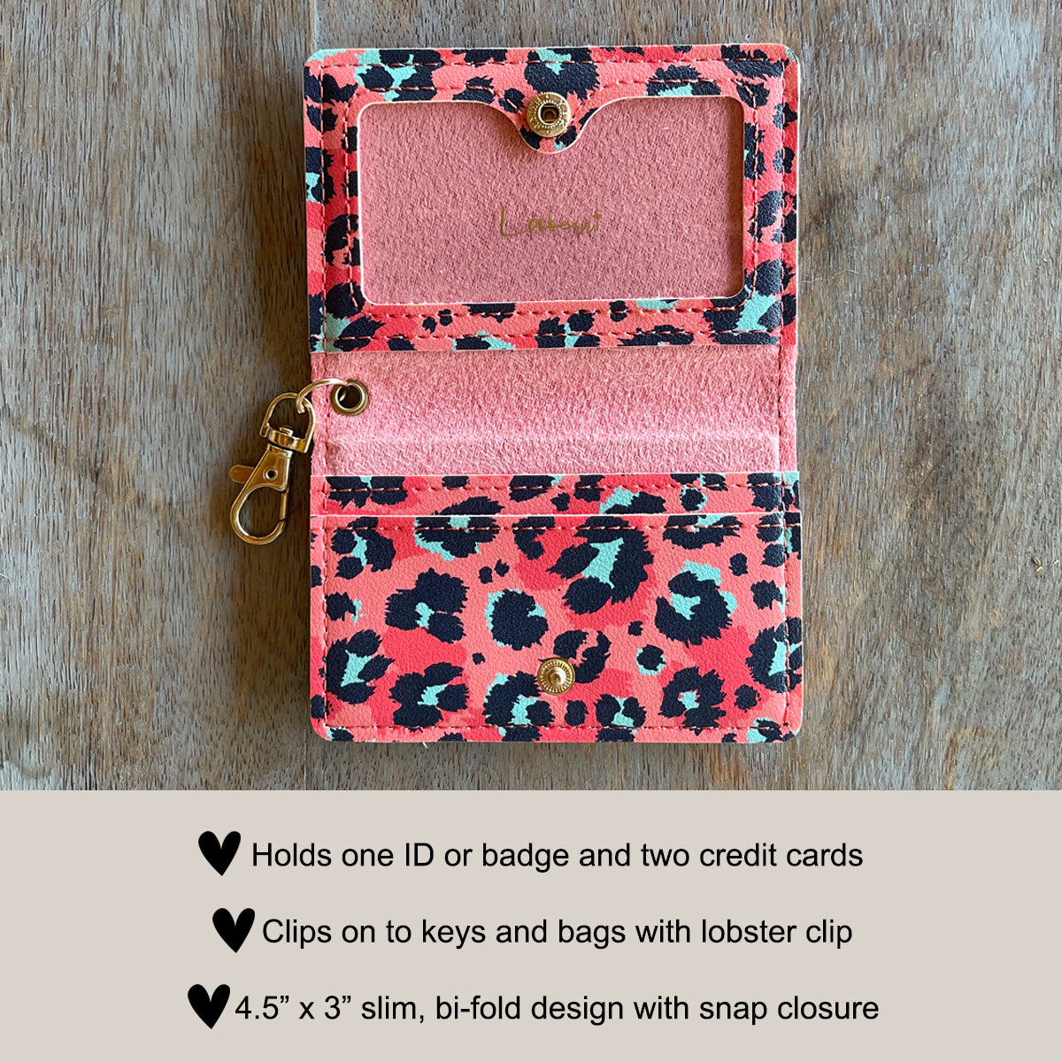 Slim ID Wallet Keychain for Women - Coral Leopard